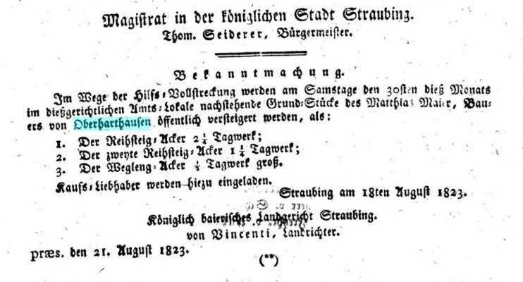 1823 Versteigerung Felder Matthias Mayer