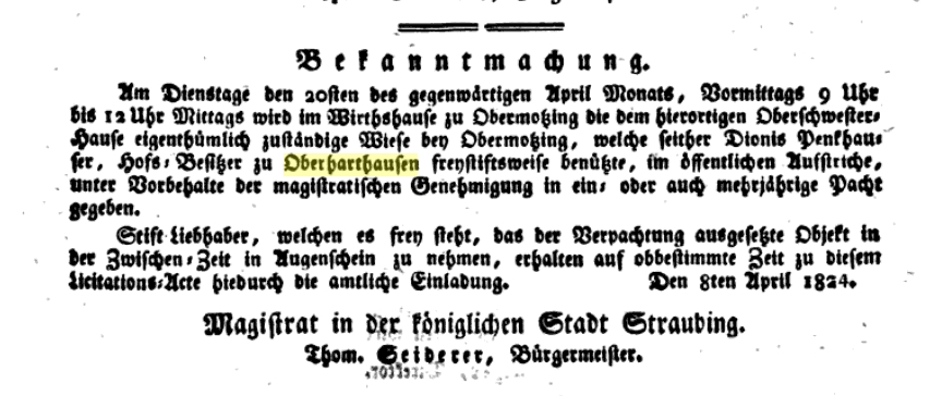 1824 SR Wochenblatt 1824 Verpachtung Wiese