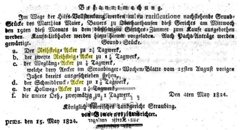 1824 Versteigerung Felder Matthias Mayer