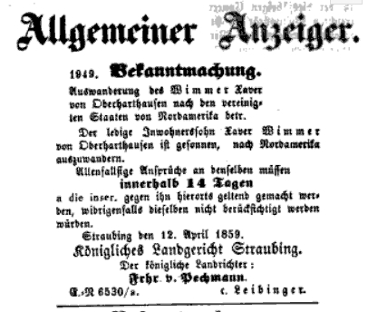 1859 Auswanderung Xaver Wimmer Oberharhausen Neue Muenchner Zeitung