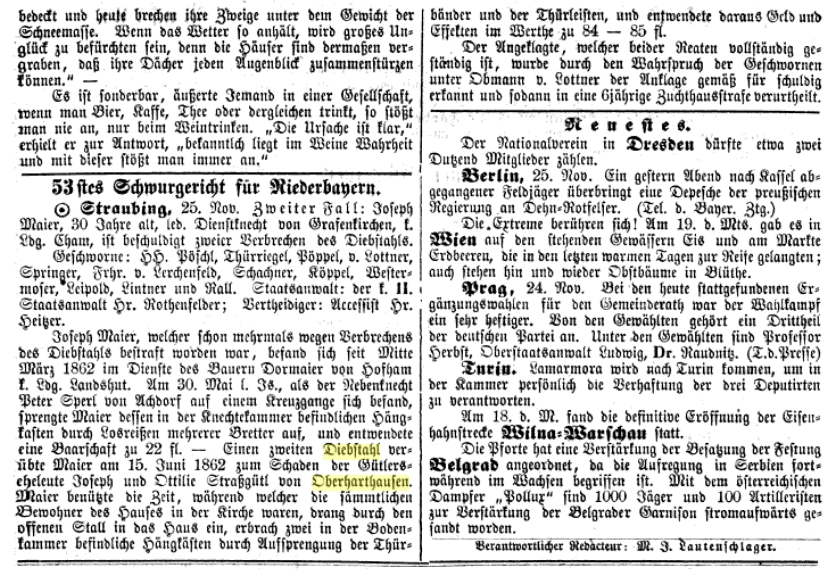 1862 Straubinger Tagblatt Einbruch