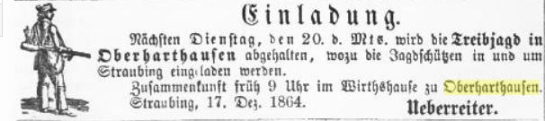 1864 Straubinger Tagblatt Einladung zur Treibjagd