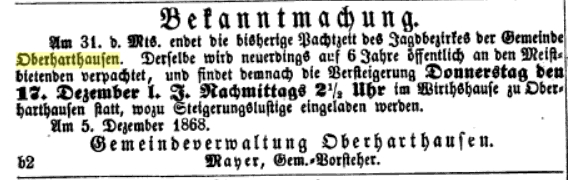 1868 Straubinger Tagblatt Ausschreibung Jagdverpachtung