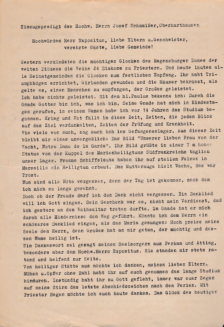 Einzugspredigt Oberharthsuen Primiz 1