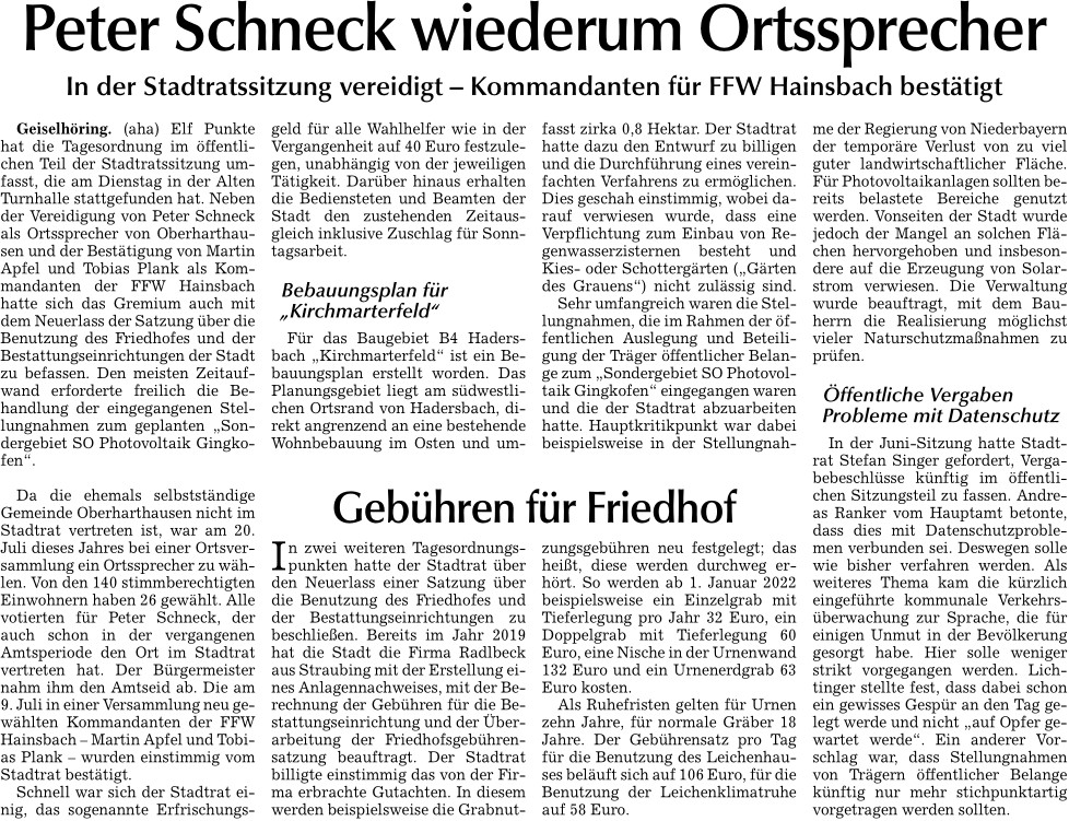 2021 08 05 Allgemeine Laber Zeitung Peter Schneck wiederum Ortssprecher