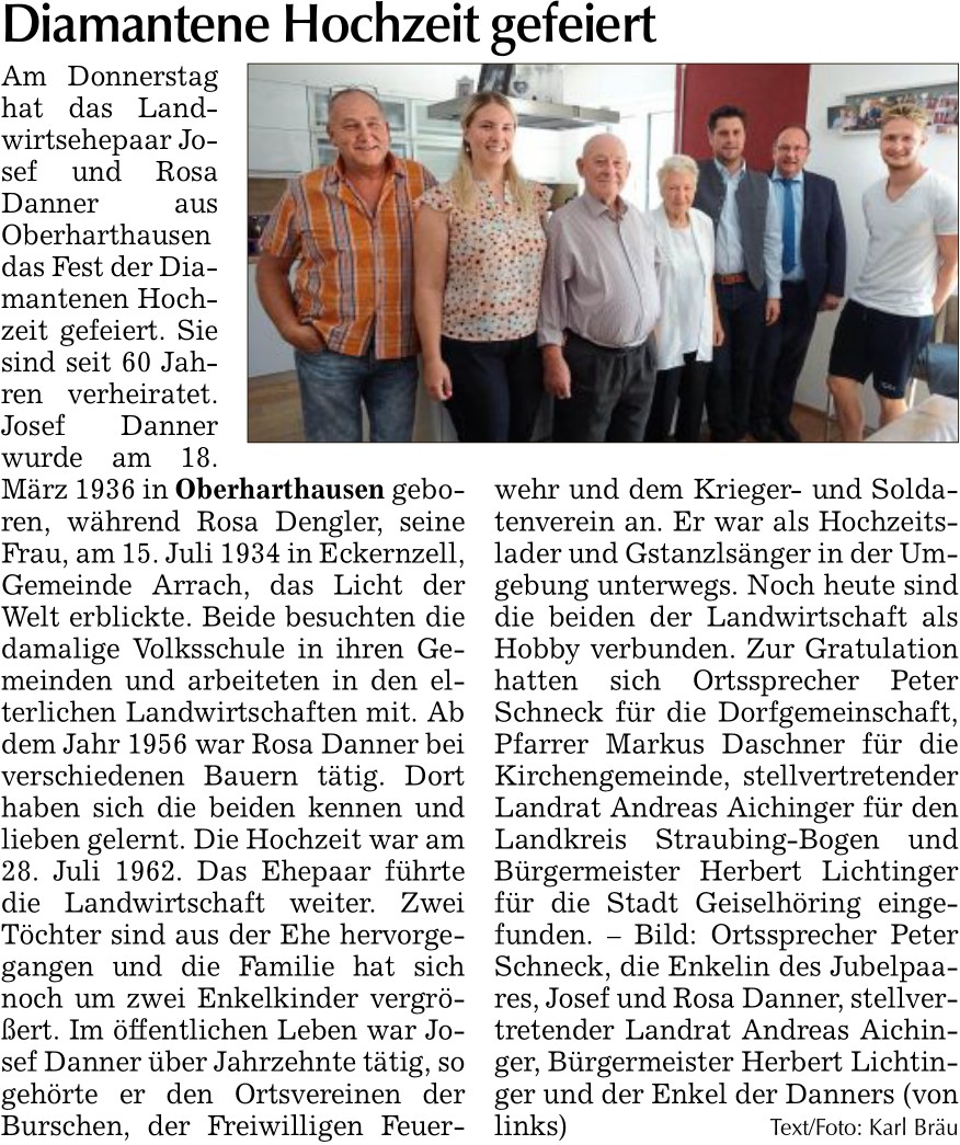 2022 08 02 Straubinger Tagblatt Diamantene Hochzeit gefeiert