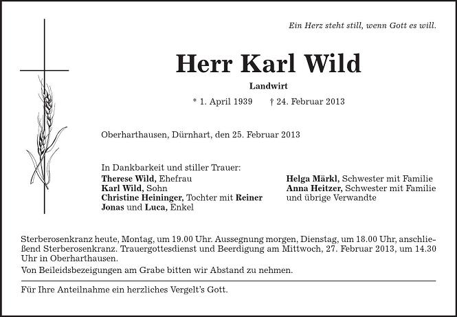 Todesanzeige Karl Wild