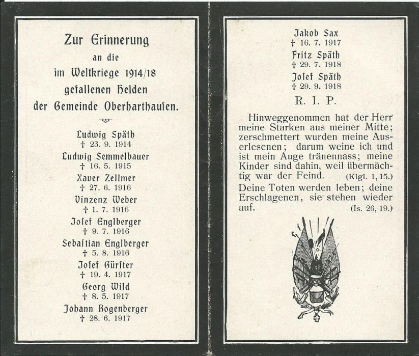 Gedenken der Gefallenen im 1. Weltkrieg Rückseite