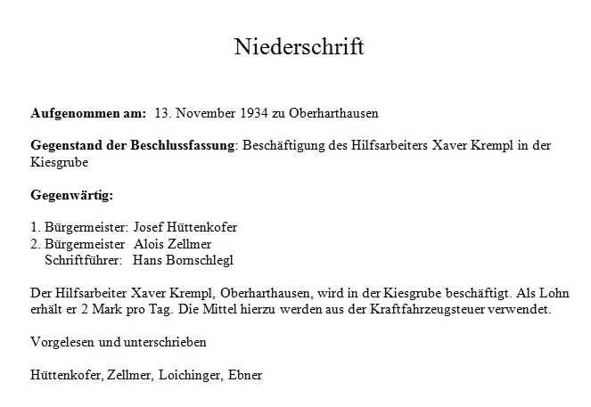 Gemeinderat Niederschrift 13.11.1934